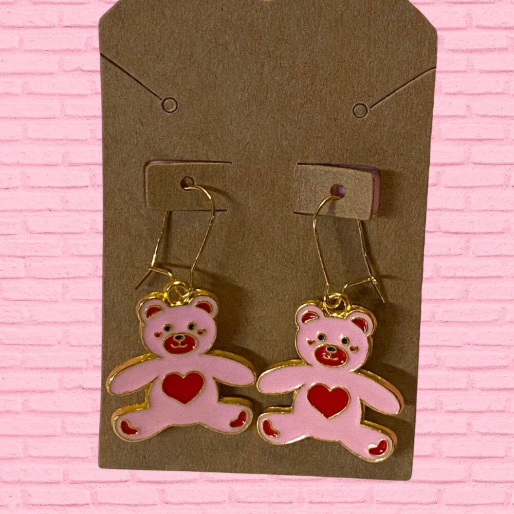 Valentine's Day Pink and Red Teddy Bear Earrings for Kids